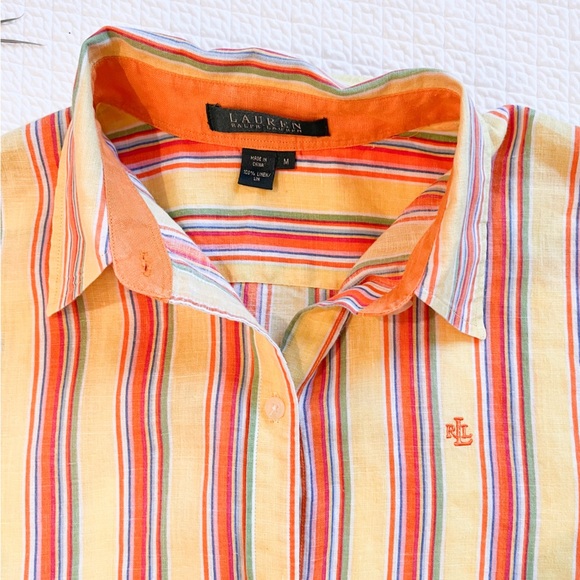 Vintage Lauren Ralph Lauren 100% Linen Yellow Striped Button-Down Size Medium - Picture 9 of 13